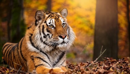 Obraz premium majestic tiger in autumn forest for international tiger day celebration