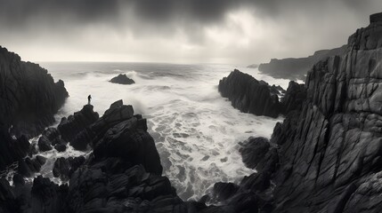 Black and white seascape photography of ocean waves crashing on coastal rocks