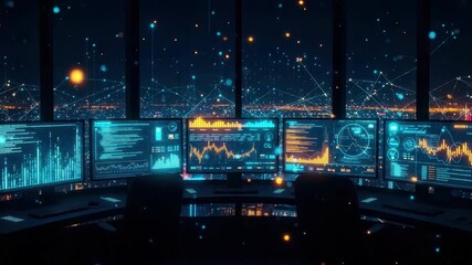 A high-tech control room with multiple screens displaying data analytics and graphs set against a vibrant city skyline at night showcasing a blend of technology and urban life - Powered by Adobe