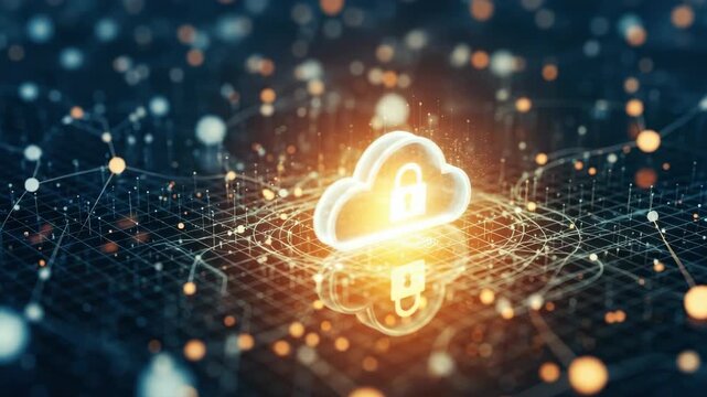 A glowing cloud symbol with a lock representing secure data storage surrounded by a network of connections and digital nodes illustrating cybersecurity and cloud computing concepts