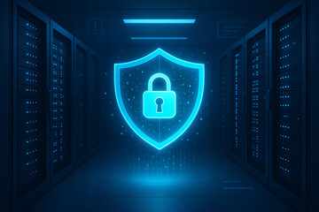 Cybersecurity concept with glowing padlock shield icon inside a futuristic data center, representing data protection, digital privacy, and secure network infrastructure
