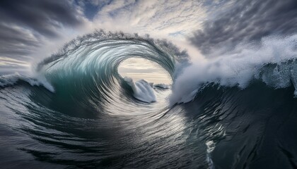 dynamic ocean waves form a powerful vortex spiraling upwards toward the overcast sky the scene captures the raw energy of nature emphasizing the contrast between water and clouds