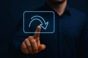 Man Touching Virtual Reset Icon with Glowing Arrow on Screen for Technology Interface, Digital Command, Software Control, or System Refresh