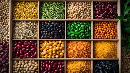 A variety of colorful beans and legumes organized in wooden compartments.