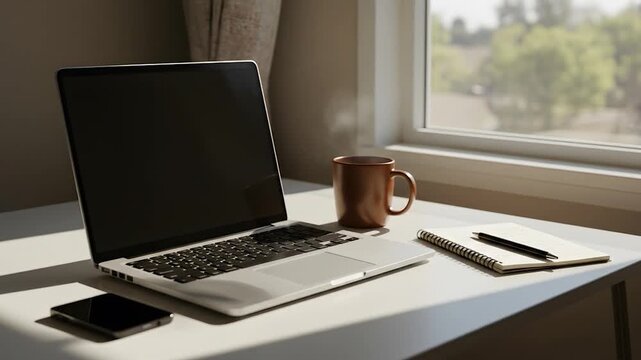 Laptop, coffee, notebook, sunny window, remote work