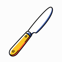Colorful kitchen knife with yellow and red handle on white background  
