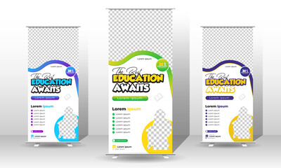 Back-to-school colorful rack card template or roll-up banner design for school admission