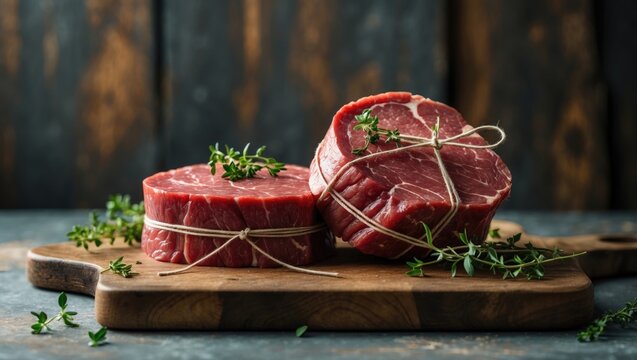 Raw meat cuts tied with twine on a wooden cutting board.