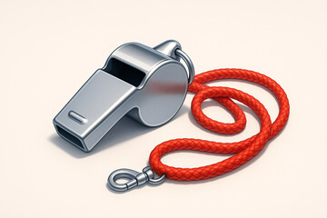 Metal referee whistle with red braided lanyard on light background, symbol of coaching, sports authority, and game control in minimal and clean composition
