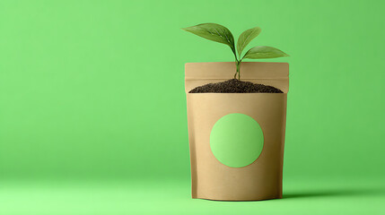 Kraft pouch with plant growing from soil and green circle label green label sprout