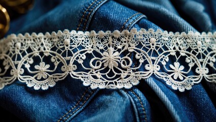Obraz premium Close-up of delicate lace trim on denim fabric.