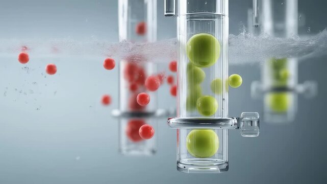 3D graphic showing acidbase buffering system with proton exchange and pH stabilization in biological fluids.