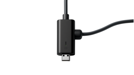 Close-up of black USB-C cable with inline adapter on white background. Modern electronic accessory for data transfer, charging, and tech connectivity visuals. Isolated on transparent background, png