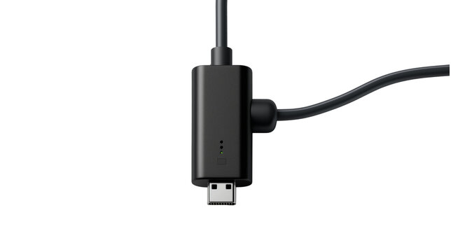 Close-up of black USB-C cable with inline adapter on white background. Modern electronic accessory for data transfer, charging, and tech connectivity visuals. Isolated on transparent background, png