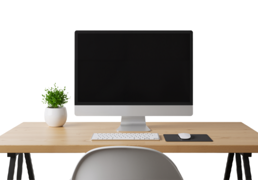 Modern All-in-One Workspace with Wooden Desk and Greenery - Powered by Adobe