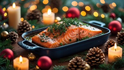 Fresh salmon in a baking dish surrounded by candles, pinecones, and Christmas ornaments for festive holiday celebration.