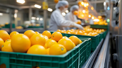 Industrial orange processing plant with workers sorting fresh citrus fruits for packaging