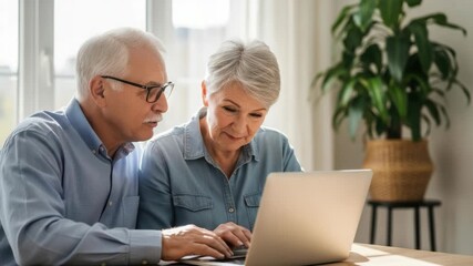 A senior couple engaged in using a laptop together in a cozy well-lit living room showcasing their connection and collaboration while a green plant decorates the background - Powered by Adobe