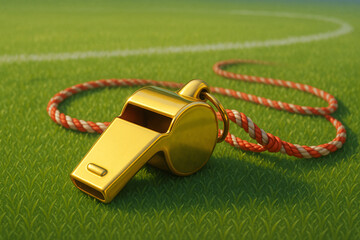 Golden whistle with red and white lanyard on green grass field, symbol of sports authority, coaching, and game control in outdoor football or soccer environment
