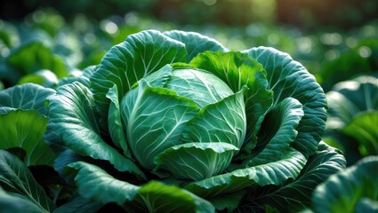 Obraz premium Fresh cabbage in a garden, with green leaves and a healthy appearance. Vegetables and agriculture, concept. Natural food and gardening ideas. The concept of farming and organic produce.