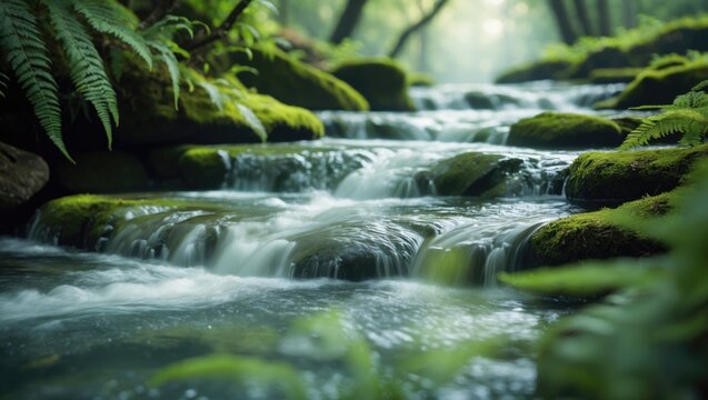 A tranquil forest stream with moss-covered rocks and lush greenery in a peaceful natural setting. - Powered by Adobe