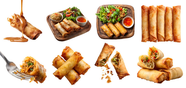 Set of crispy fried egg spring roll, wrapped pastry snack with savoury filling, vegetable meat, wooden serv eboard, sauce dip, fork, halved broken pile stack on transparent cutout PNG. Mockup template