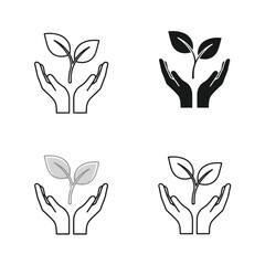 Fototapeta premium Vector art of four icons of hands holding a plant sprout, isolated on white background