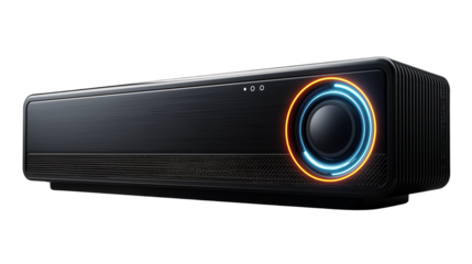 Sleek black power bank with multiple USB ports. Portable charging device for smartphones, tablets, and travel electron  for retail and marketing use. Isolated on transparent background, png