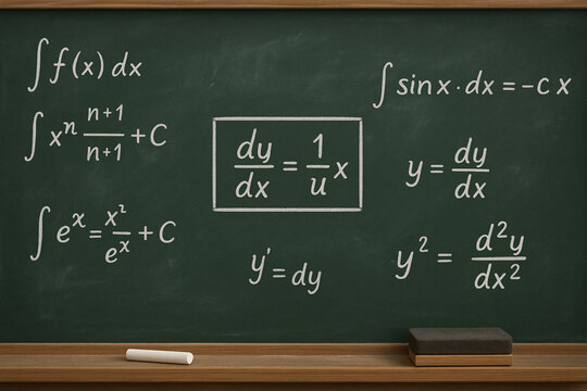 Classic school chalkboard with hand-drawn calculus and derivative equations in white chalk, educational math formula background for classroom or e-learning visuals
