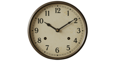 Vintage clock face with numbers and hands isolated on transparent background