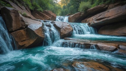 A river with waterfalls flowing between rocks in a lush green forest.