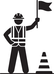 Construction worker holding flag and traffic cone isolated on white background