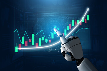 A sleek robotic hand points towards a dynamic digital trading chart, illustrating growth with vibrant candlestick patterns and analytics. Impute