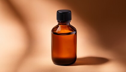 Fototapeta premium an amber glass bottle with a black lid sits on a light brown surface