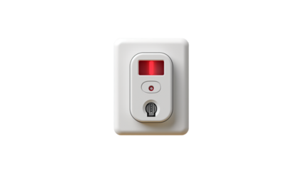 Wall-mounted red infrared motion sensor isolated on white background.  Security and automation technology for smart home or commercial protection,  Isolated on transparent background, png