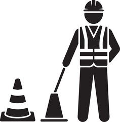 Construction worker and traffic cones isolated on white background