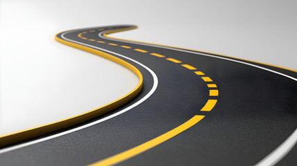 Minimalist digital illustration of winding asphalt road design with yellow markings