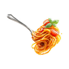 Fork with spaghetti in tomato sauce and basil isolated on transparent white background, clipping path