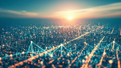 A breathtaking aerial view of a vibrant digital cityscape at sunset showcasing intricate data connections and glowing lights symbolizing technology and innovation in urban environments - Powered by Adobe