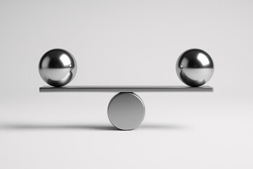 Symmetrical chrome spheres on a balance beam, minimal concept of equality and equilibrium with metallic objects on white background
