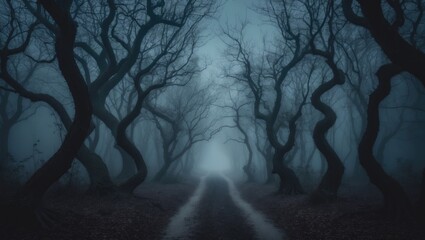 Dark forest path with twisted trees and misty atmosphere. Spooky and mysterious landscape. Serene yet eerie woodland scene.