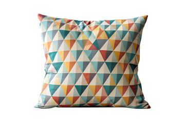 Isolated square pillow with colorful geometric triangle pattern design on transparent background