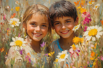 A cheerful scene depicting two smiling children in a summer flowering meadow.  