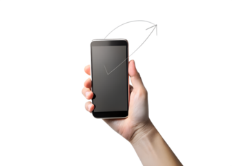 Hand holding a smartphone with a drawing on the screen isolated on transparent background