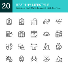Healthy Lifestyle Outline Icon Sheet Vector Design - representing wellness routines, body care, balanced diet, exercise plans, mental health support, fitness tools, food, trackers, and music