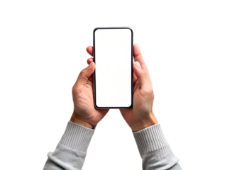 Two hands holding a smartphone with a white screen isolated on transparent background