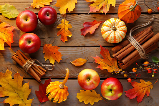 A rustic wooden table is adorned with a colorful autumn arrangement of red apples, mini pumpkins, cinnamon sticks and vibrant fall leaves First Day of Fall