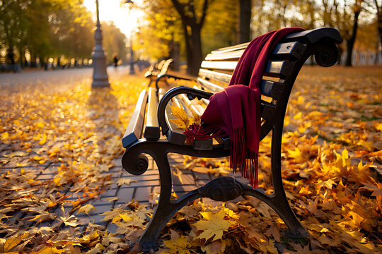 A park bench covered in fallen leaves with a scarf draped over it capturing the serene beauty of autumn First Day of Fall