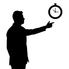 Silhouette image of businessman pointing at wall clock, emphasizing deadline. Silhouette man shows watch, highlighting time management and urgency.