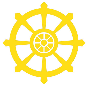 Dharma wheel. Buddhism sacred symbol. Dharmachakra. Vector illustration,yellow